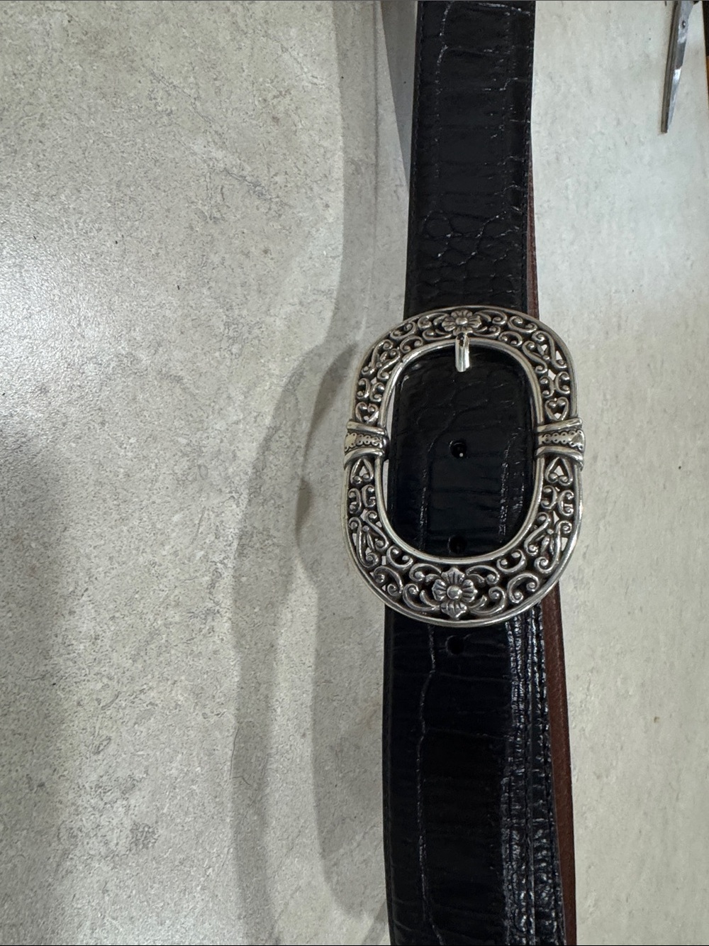 Brighton Black Croc-Embossed Leather Belt with Ornate Silver Buckle